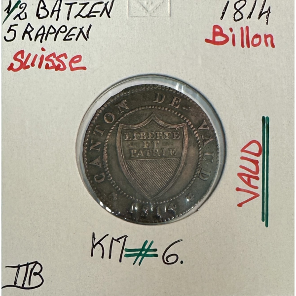 SUISSE VAUD - 1/2 BATZEN 1814 - Pièce...