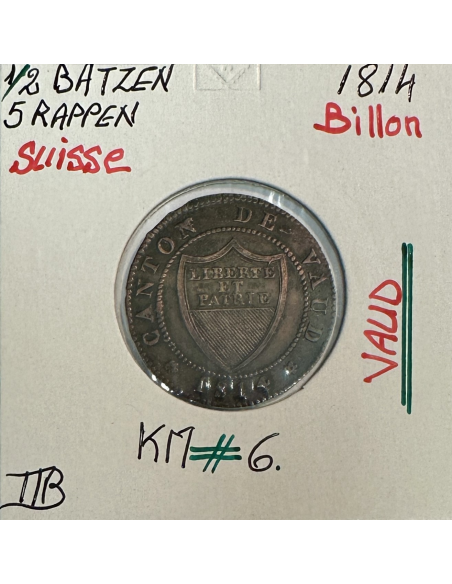 SUISSE VAUD - 1/2 BATZEN 1814 - Pièce de Monnaie en Billon // Qualité : TTB