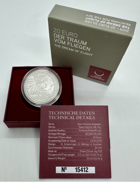 AUTRICHE - PIECE DE 20 EURO EN ARGENT BE (2019) Der Traum vom Fliegen