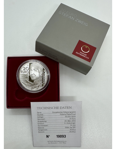 AUTRICHE - PIECE DE 20 EURO EN ARGENT BE (2013) STEFAN ZWEIG