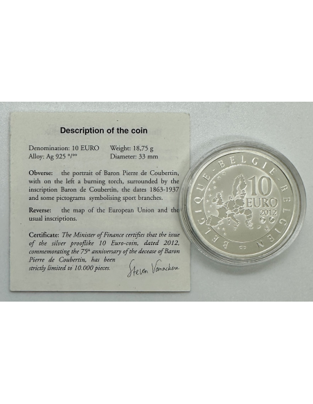 BELGIQUE - 10 EURO 2012 - Monnaie en Argent // BE (PIERRE DE COUBERTIN)