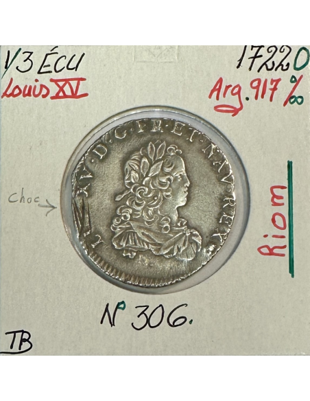 1/3 ECU de France - LOUIS XV - 1722 (O) Pièce de Monnaie en Argent // TB