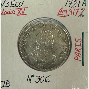 1/3 ECU de France - LOUIS XV - 1721 (A) Pièce de Monnaie...