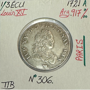 1/3 ECU de France - LOUIS XV - 1721 (A) Pièce de Monnaie...
