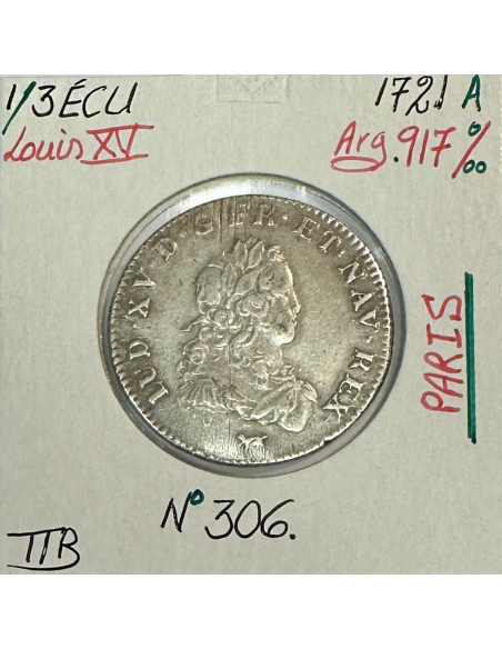 1/3 ECU de France - LOUIS XV - 1721 (A) Pièce de Monnaie en Argent // TTB