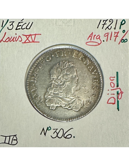 1/3 ECU de France - LOUIS XV - 1721 (P) Pièce de Monnaie en Argent // TTB