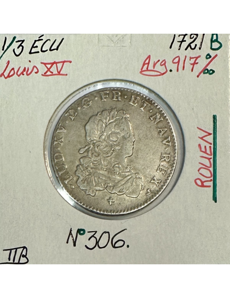 1/3 ECU de France - LOUIS XV - 1721 (B) Pièce de Monnaie en Argent // TTB