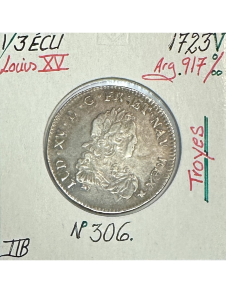 1/3 ECU de France - LOUIS XV - 1723 (V) Pièce de Monnaie en Argent // TTB