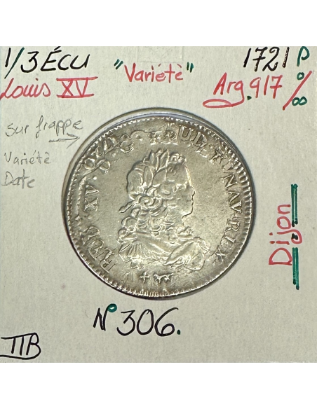 1/3 ECU de France - LOUIS XV - 1721 (P) Monnaie en Argent (Variété Date)
