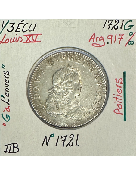 1/3 ECU de France - LOUIS XV - 1721 (G) Monnaie en Argent (Variété G)