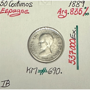 ESPAGNE - 50 CENTIMOS 1889 - Pièce de Monnaie en Argent...