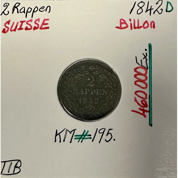 SUISSE - 2 Rappen 1842 D - Pièce de...