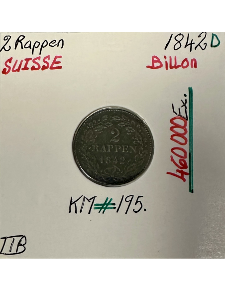 SUISSE - 2 Rappen 1842 D - Pièce de Monnaie en Billon // TTB