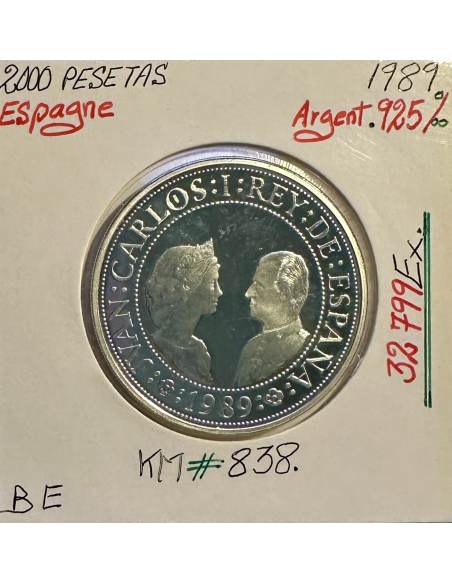 ESPAGNE - 2000 PESETAS 1989 - Pièce de Monnaie en Argent // Qualité : BE