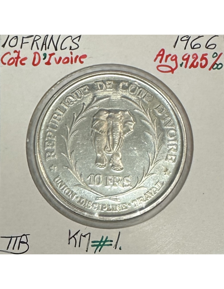 COTE D'IVOIRE - 10 FRANCS (1966) Monnaie en ARGENT // Qualité : TTB (Eléphant)