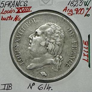 5 FRANCS LOUIS XVIII - 1823W - Pièce de Monnaie en Argent...