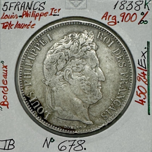 5 FRANCS LOUIS-PHILIPPE Ier - 1838 K - Monnaie en Argent...