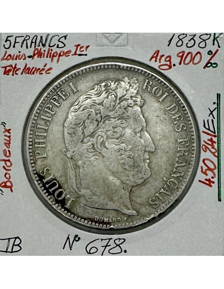 5 FRANCS LOUIS-PHILIPPE Ier - 1838 K - Monnaie en Argent // Qualité : TB