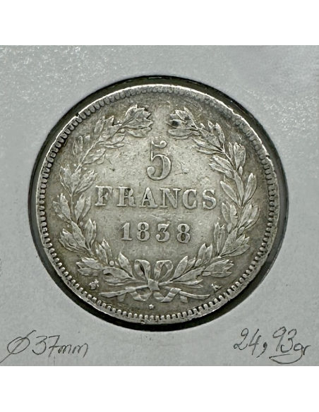 5 FRANCS LOUIS-PHILIPPE Ier - 1838 K - Monnaie en Argent // Qualité : TB