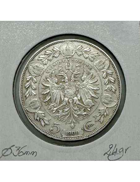 AUTRICHE - 5 COURONNES 1909 - Pièce de Monnaie en Argent // Qualité : TTB