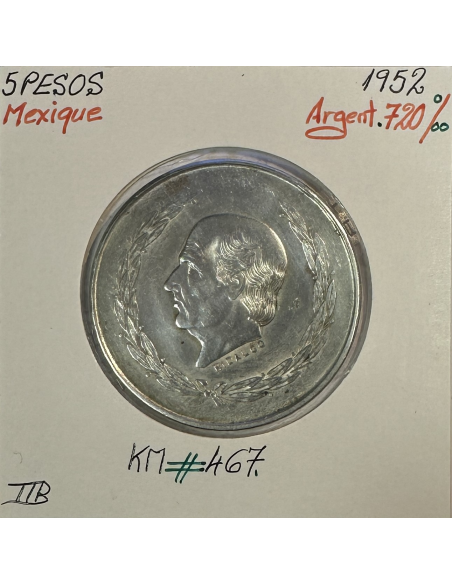 MEXIQUE - 5 PESOS 1952 - Pièce de Monnaie en Argent // Qualité : TTB