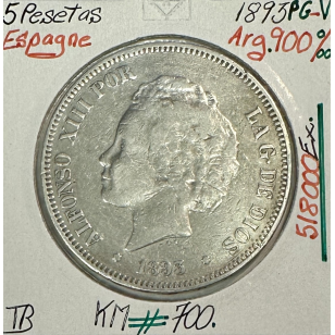 ESPAGNE - 5 PESETAS 1893 PG-V - Pièce de Monnaie en...