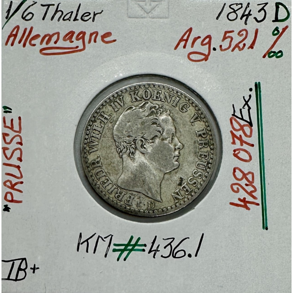 ALLEMAGNE PRUSSE - 1/6 THALER 1843 D...