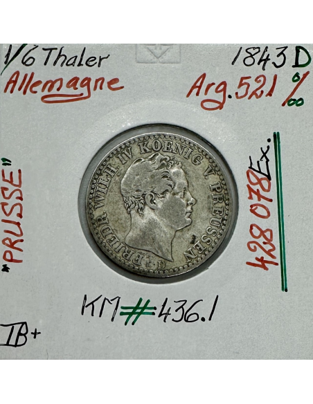 ALLEMAGNE PRUSSE - 1/6 THALER 1843 D - Pièce de Monnaie en Argent // TB