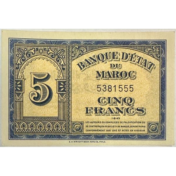 MAROC - 5 FRANCS (1.8.43) - Billet de...