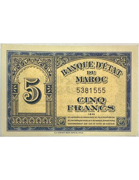 MAROC - 5 FRANCS (1.8.43) - Billet de banque // Qualité : TTB (N° 5381555)
