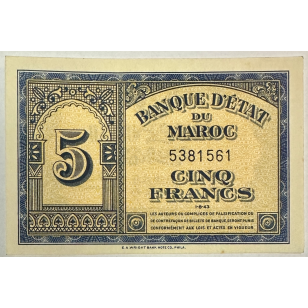 MAROC - 5 FRANCS (1.8.43) - Billet de banque // Qualité :...