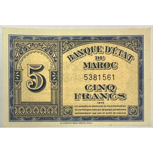 MAROC - 5 FRANCS (1.8.43) - Billet de...