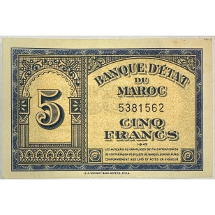 MAROC - 5 FRANCS (1.8.43) - Billet de banque // Qualité :...