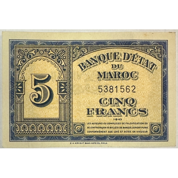 MAROC - 5 FRANCS (1.8.43) - Billet de...