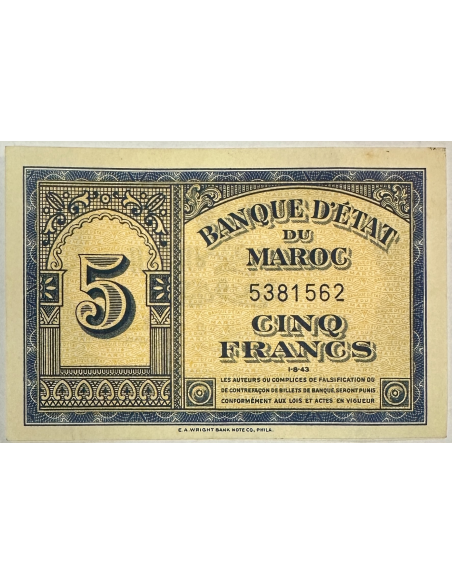 MAROC - 5 FRANCS (1.8.43) - Billet de banque // Qualité : TTB (N° 5381562)
