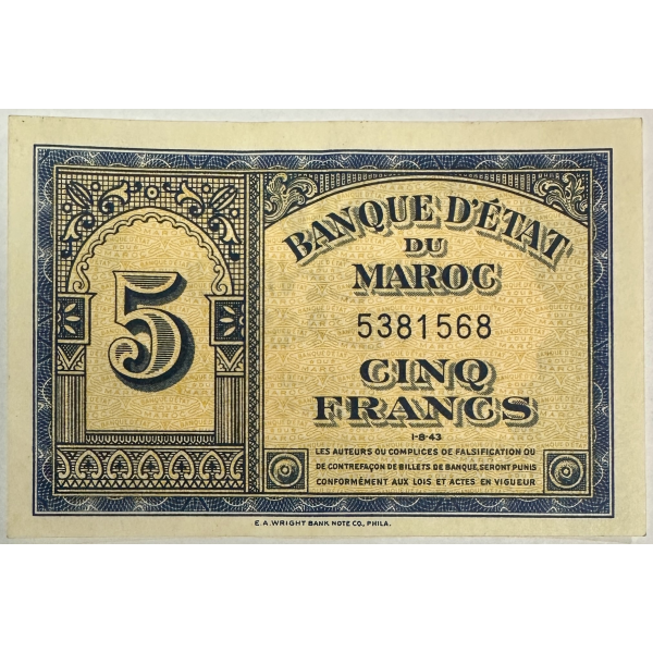 MAROC - 5 FRANCS (1.8.43) - Billet de...