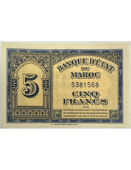 MAROC - 5 FRANCS (1.8.43) - Billet de banque // Qualité : TTB (N° 5381568)