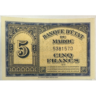 MAROC - 5 FRANCS (1.8.43) - Billet de banque // Qualité :...