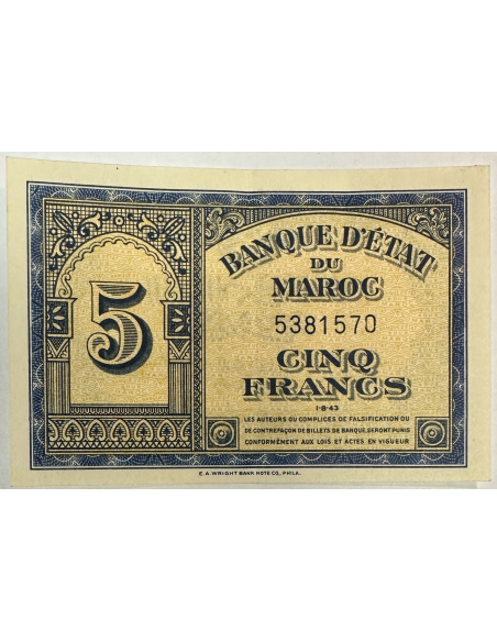 MAROC - 5 FRANCS (1.8.43) - Billet de banque // Qualité : TTB (N° 5381570)