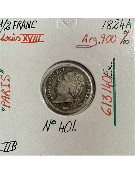 1/2 FRANC LOUIS XVIII (1824A) Pièce de Monnaie en Argent // Qualité : TTB