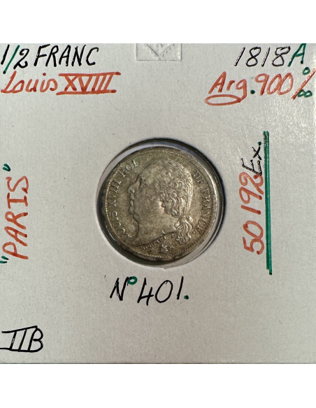 1/2 FRANC LOUIS XVIII (1818A) Pièce de Monnaie en Argent // Qualité : TTB