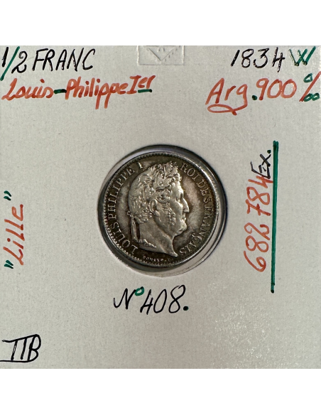 1/2 FRANC LOUIS-PHILIPPE 1er (1834W) Monnaie en Argent // Qualité : TTB