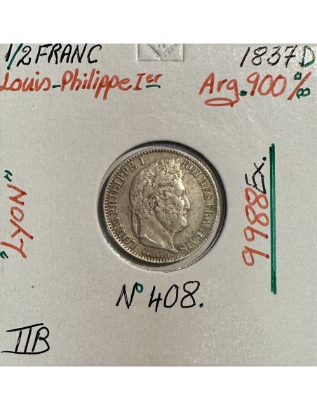 1/2 FRANC LOUIS-PHILIPPE 1er (1837D) Monnaie en Argent // Qualité : TTB