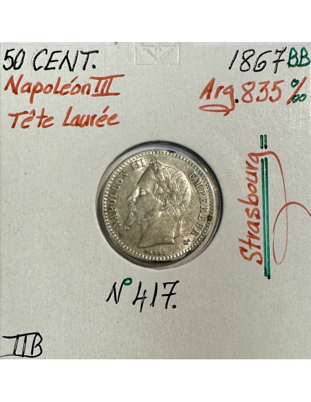 50 CENTIMES NAPOLEON III - 1867BB - Pièce de monnaie en Argent // TTB