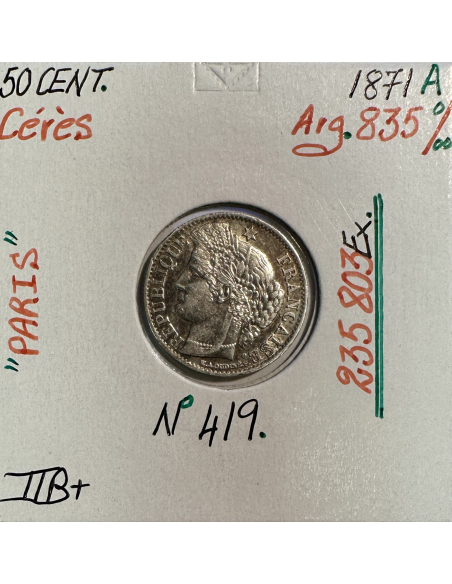 50 CENTIMES CERES - 1871A - Pièce de monnaie en Argent // TTB
