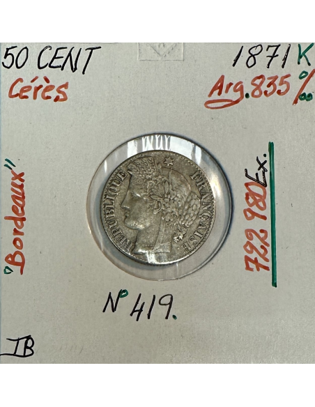 50 CENTIMES CERES - 1871K - Pièce de monnaie en Argent // TB