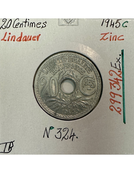 20 CENTIMES LINDAUER - 1945 C - Pièce de Monnaie en Zinc // Qualité : TB