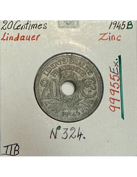 20 CENTIMES LINDAUER - 1945 B - Pièce de Monnaie en Zinc // Qualité : TTB