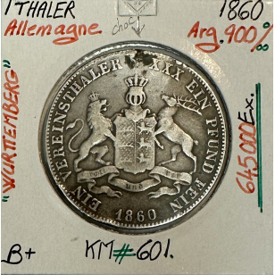 ALLEMAGNE WURTTEMBERG - 1 THALER 1860 - Monnaie en Argent...