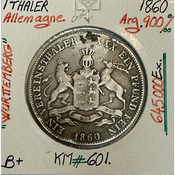 ALLEMAGNE WURTTEMBERG - 1 THALER 1860...